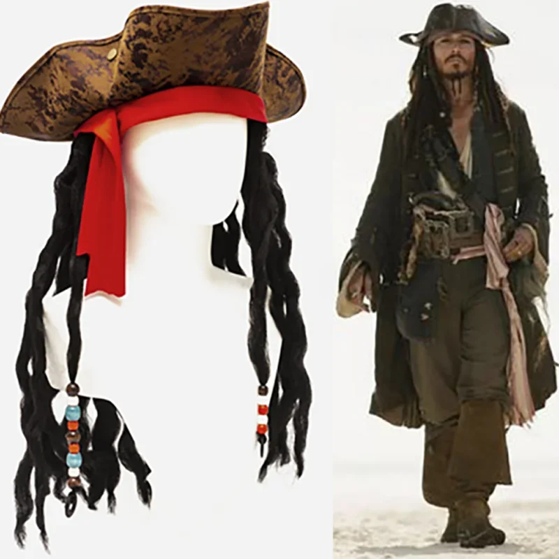 Hot Cosplay Captain Jack Wig for Adult Men Halloween Caribbean Pirate Hat Party Cosplay Performance Costume Accessories