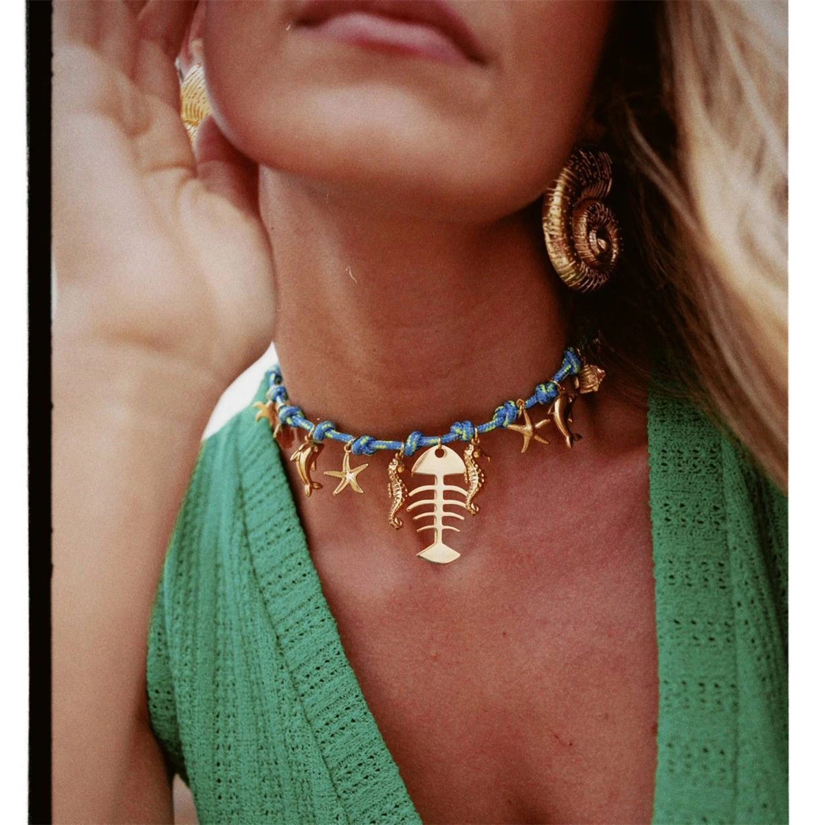 

Stainless steel colored rope chain, ocean wind, fish bones, starfish, dolphins, gold-plated color preservation
