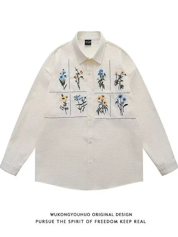 

Ретро-рубашка в гонконгском стиле с длинными рукавами и вышивкой, свободного кроя, для мужчин и женщин, весна-осень, с цветочным узором, парная модель