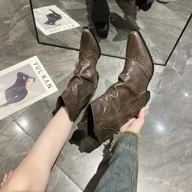 Retro Western Cowboy Boots for Women Spring Autumn New Mid Calf High Heels Pant Boots Female Pointed Toe Thick Heeled Ankle Boat