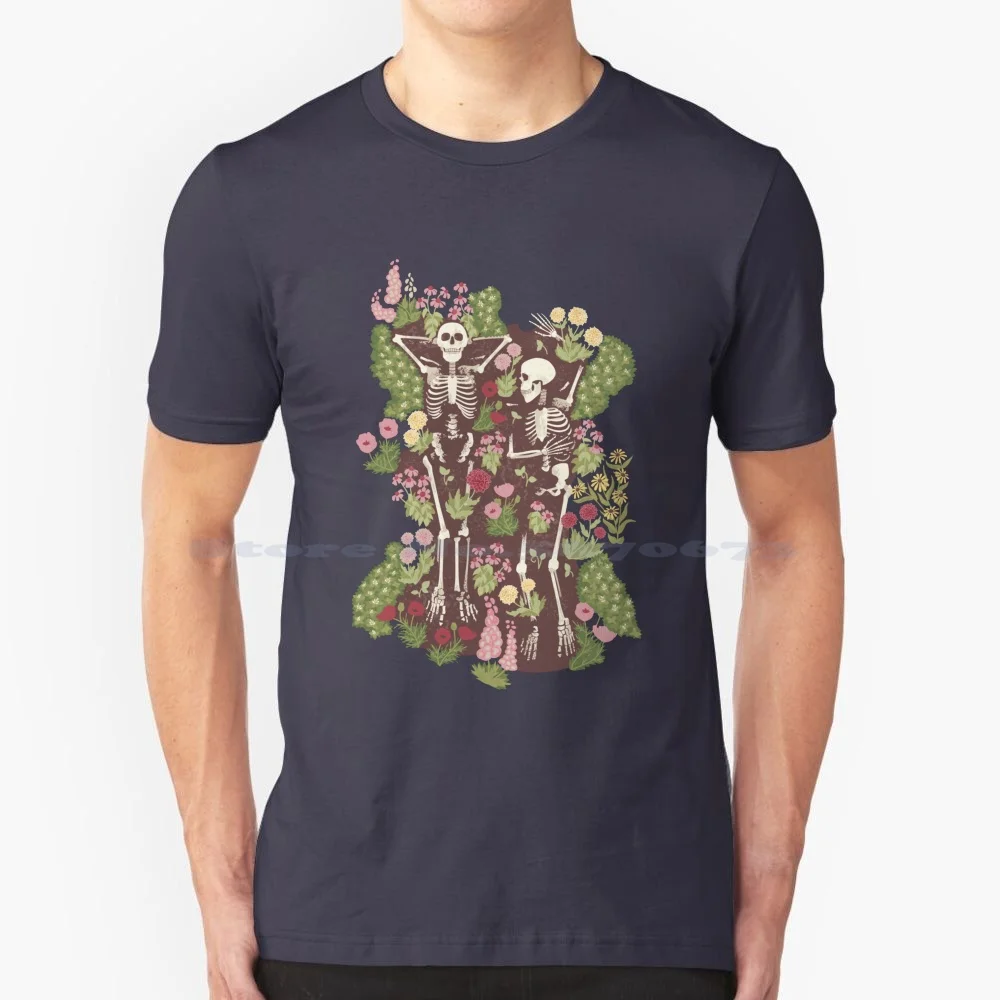 

Resting Peacefully In The Garden Bed In Spring Whimsy T Shirt 100% Cotton Tee Bones Skull Skeleton Garden Flowers Buried Rip