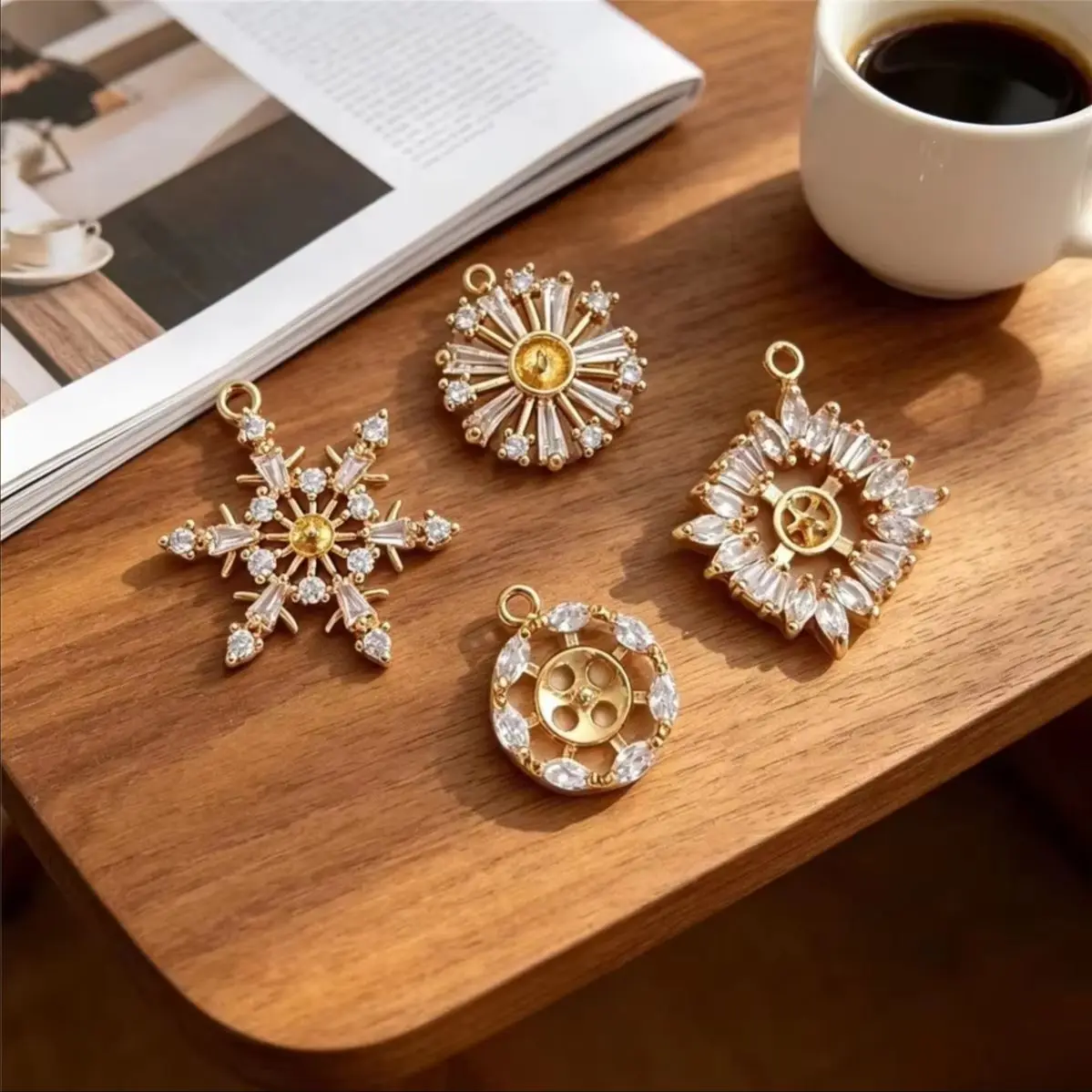 Shiny Zircon Snowflake Pearl Bezel Pendants 14K Gold Plated Brass For DIY Winter Handmade Jewelry, No Pearls