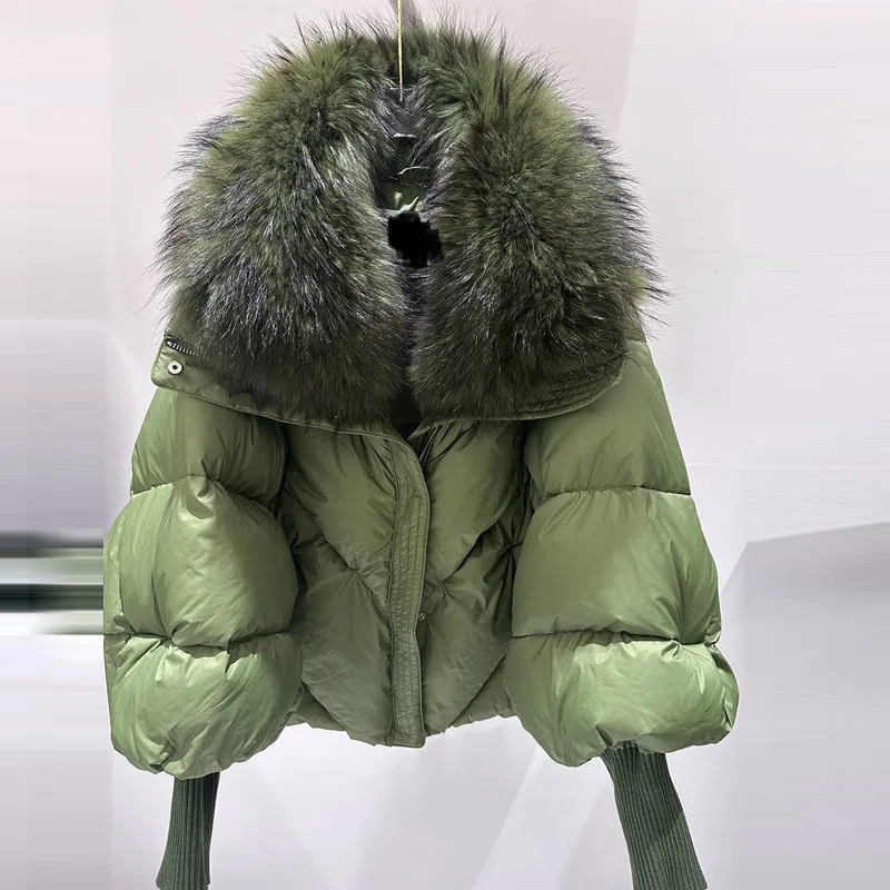 Hot Sales High Quality Europe America Fashion Winter New Real Raccoon Fur Collar White Duck Down Coat Women Real Fur Jacket