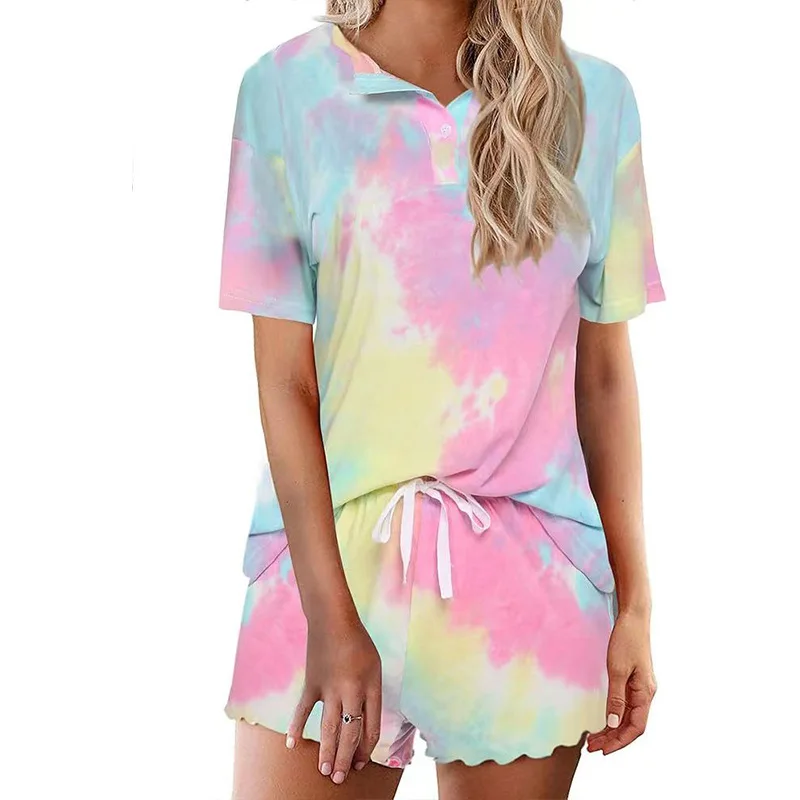 Women's Pajama Set Tie Dye V-neck Short Sleeve Loose T-shirt Elastic Waist Lace-up Shorts Summer Thin Comfort Casual Home