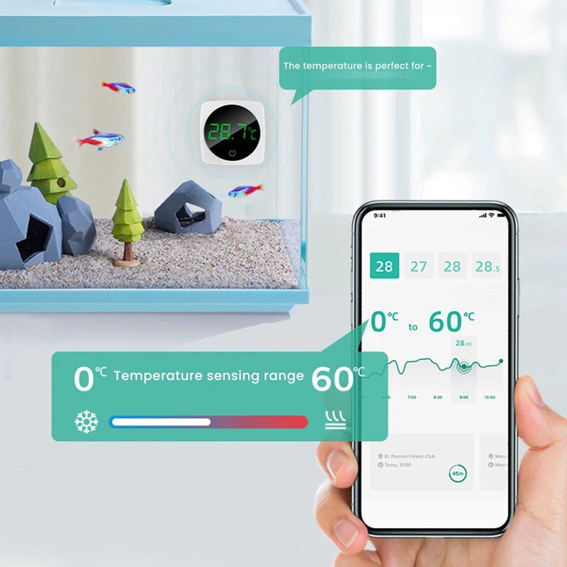 Termómetro de acuario de 2 piezas, sensor de temperatura preciso a ± 0,9 ° C Blanco El termómetro del tanque 5S Refresh Pantalla táctil HD Digital
