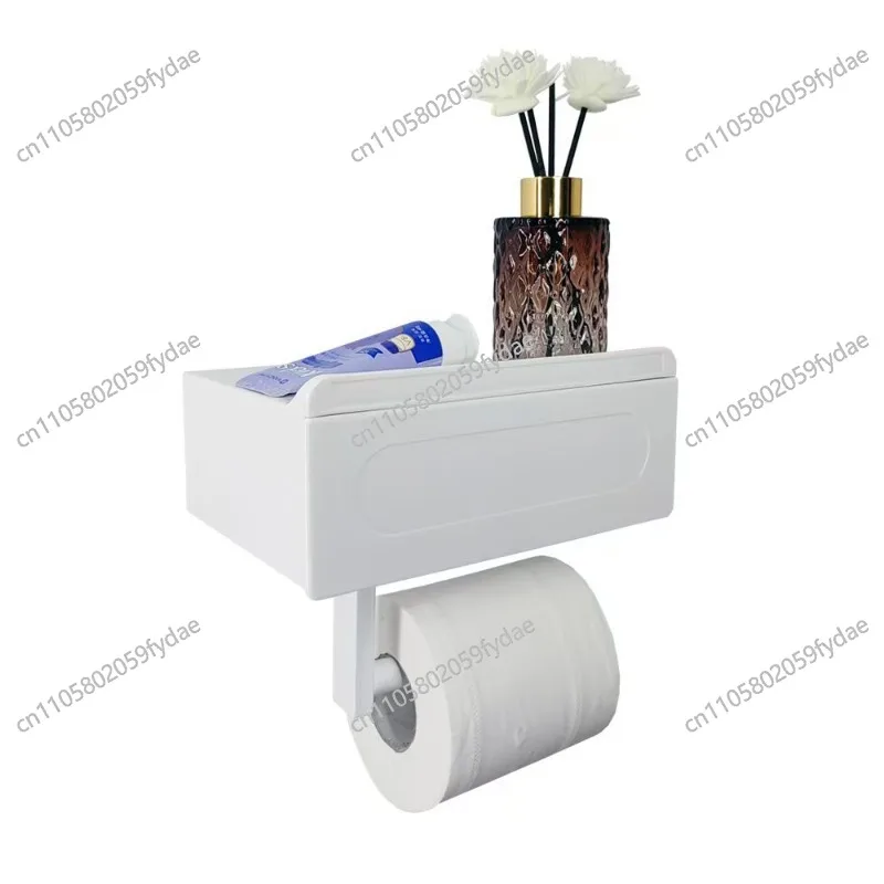 Soporte de papel higiénico montado en la pared, elegante, negro, sin taladro, con estante, organizador de baño duradero