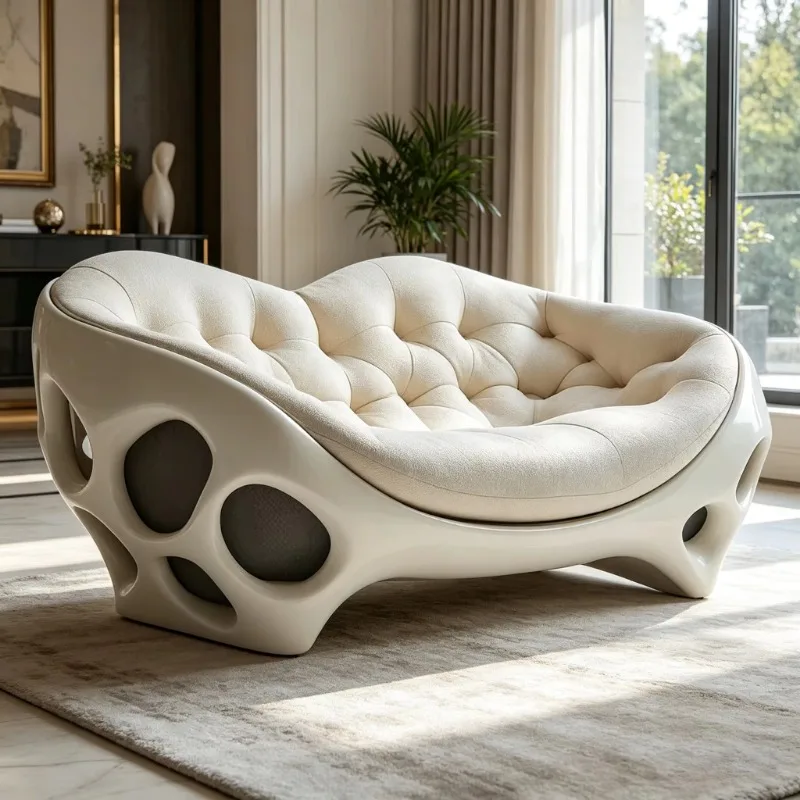 Two-seater irregular fiberglass sofa tufted linen interior sofa