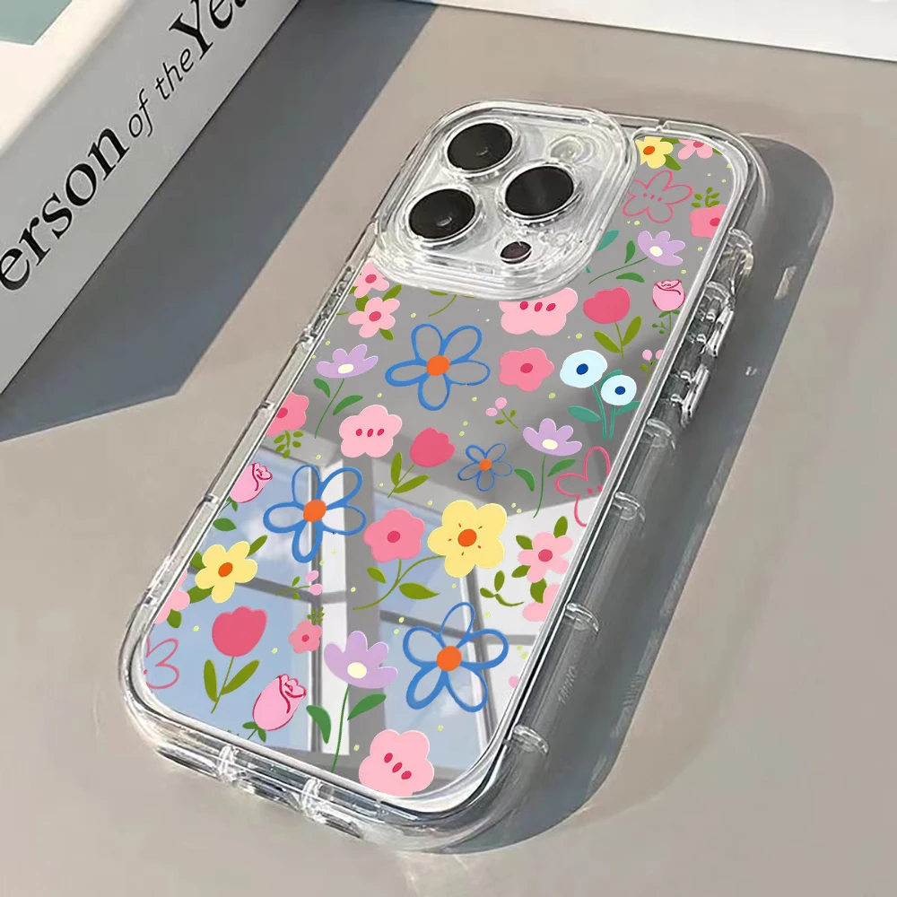 Funda de Teléfono con Espejo Plateado y Diseño Floral Estilo Coreano para iPhone 17 Pro Max 15 16 14 13 12 11 7 8 Plus Pro 17 Air XR X Max, Cubierta Suave