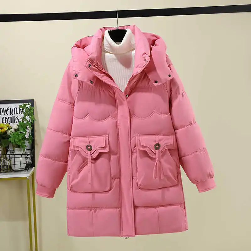 

Женское хлопковое пальто с капюшоном Thiened Down, средней длины, корейская версия, свободный крой, длинная застежка-молния