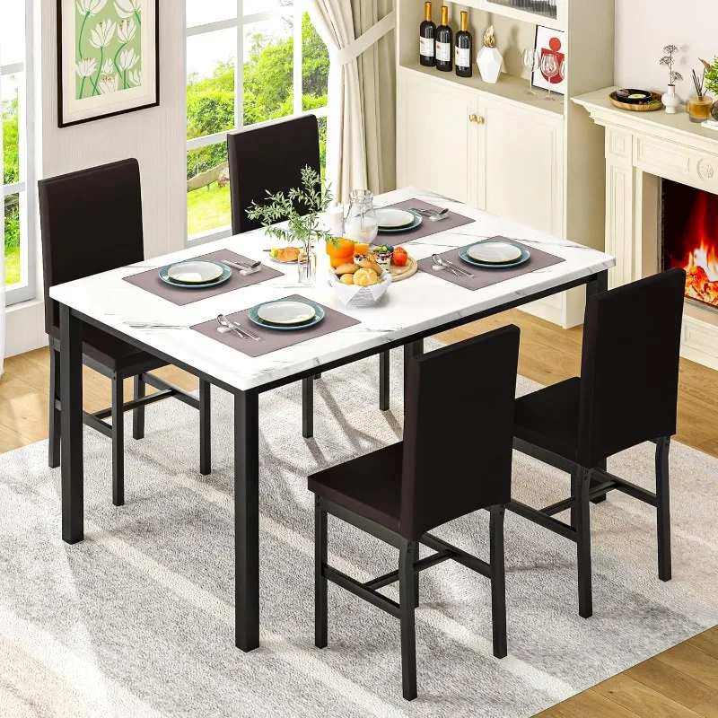 Modern Kitchen Table Chairs Set of 4, Faux Marble Dining Room Table Set for 4 Space-Saving 5-Piece Dinette Set