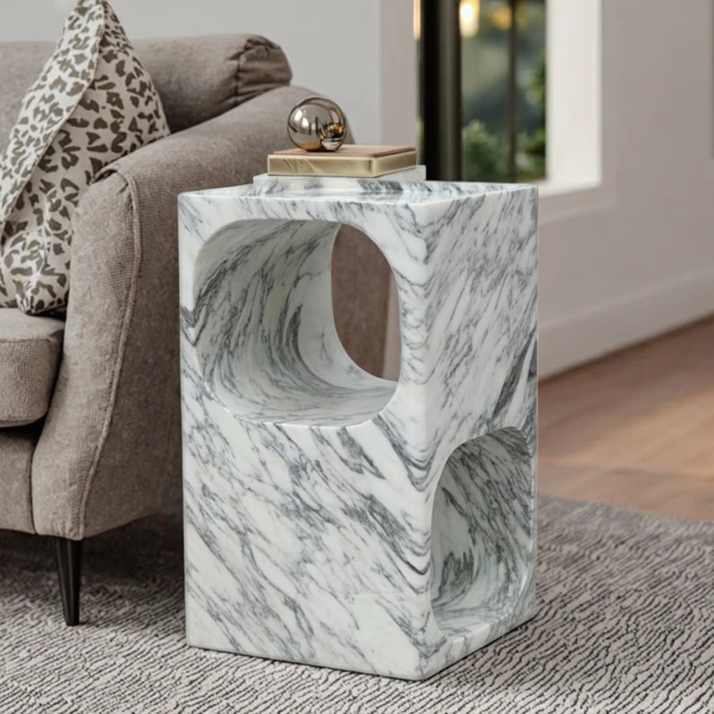 Elegant Modern Waterproof Marble Bedside Table with Antique Finish for Villa & Hotel Bedroom Nightstand Furniture