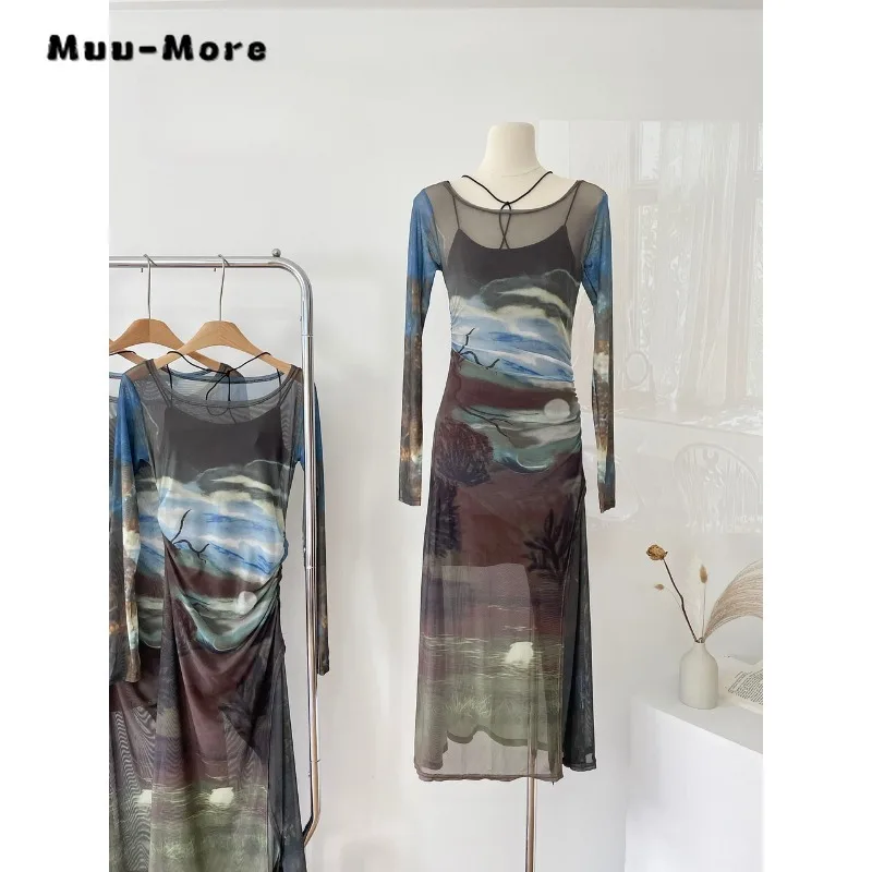 

2023 Women's Retro Two Piece Sets Sexy Printing Voile Mid Length Dress+black Straps Bottoming Mini Suspender Dresses Outfits