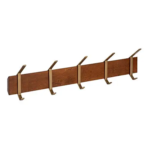 

Mid-Century Style Wall-Mounted Coat Rack With Five Brass-Finished Hooks And Walnut Wood Base