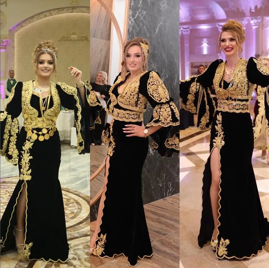 Black Burgundy Velvet Albanian Prom Dress for Women Gold Applique Slit Dubai Caftan Kosova Trumpet Evening Gowns