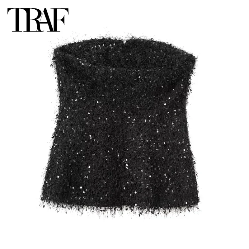 TRAF Sequined Black Corset Top Women 2024 Autumn Tassel Tank & Camis Tube Tops Elegant Sleeveless Backless Off Shoulder Tops