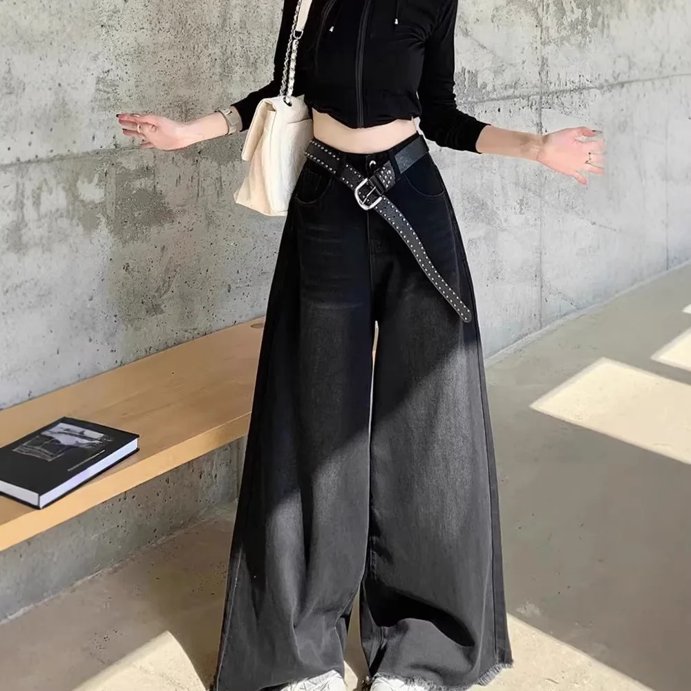 Elegant Chic American Vintage Black Wide Leg Jeans Women High Waist Loose Fit Slimming Draping Raw Hem Floor Length Denim