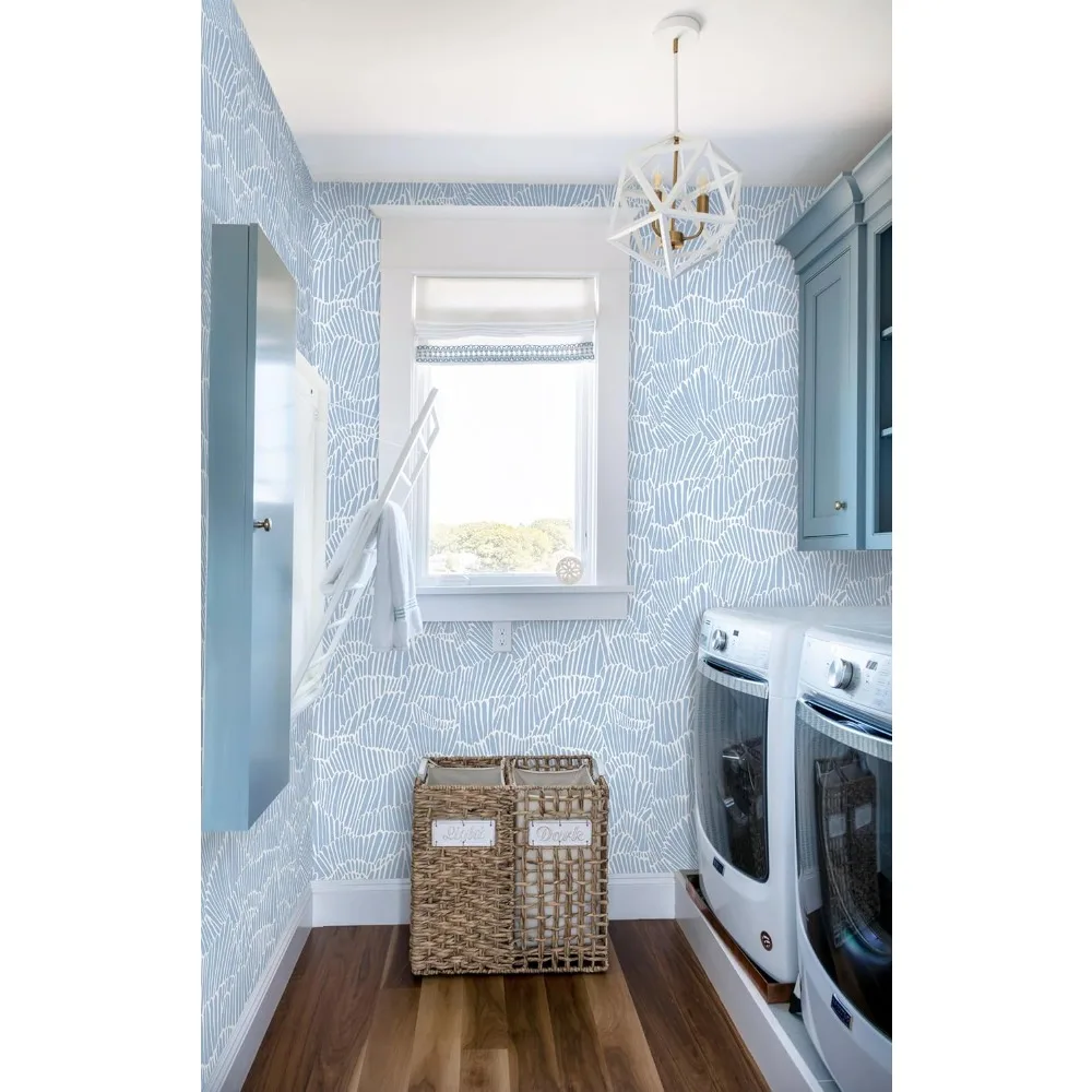 ورق اتصال مقاوم للماء مخطط بوهو ساحلي حديث قابل للإزالة لتزيين الجدران، ورق جدران أزرق وأبيض قابل للتقشير واللصق