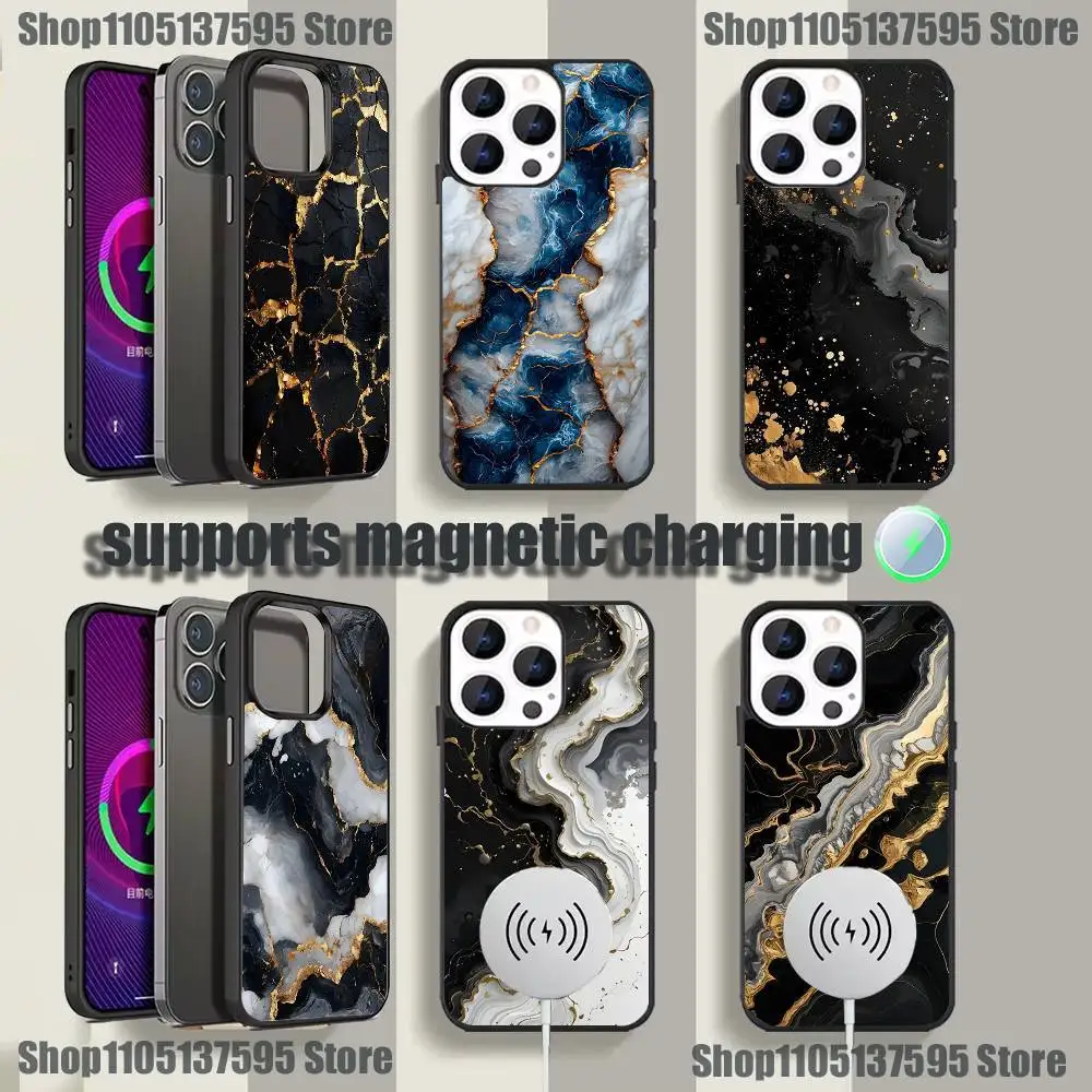 

B-Black Gold Marble Art Phone Case For iPhone 17,16,15,14,13,12,11,Pro,Max,Plus,Mini,SE4,E Magnetic Magsafe Wireless Charging