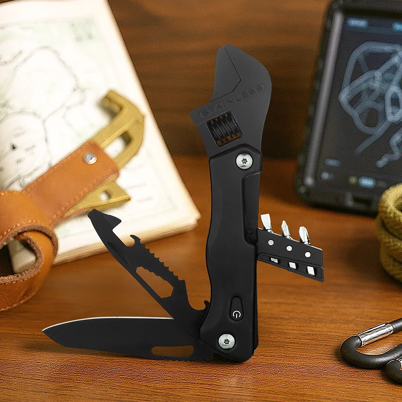 

Factory Straight Hair Multi-function Knife Movable Wrench Outdoor Camping Multi-purpose Tool LED Light Screwdriver Spot