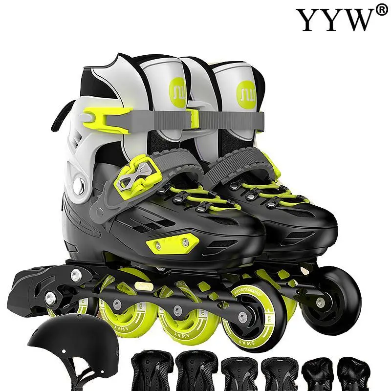 Inline Roller Skates Set With Knee Elbow Pads Helmet Protective Gear Beginner Sneakers 4 Wheels Shoes Gift For Kids Boys Girls