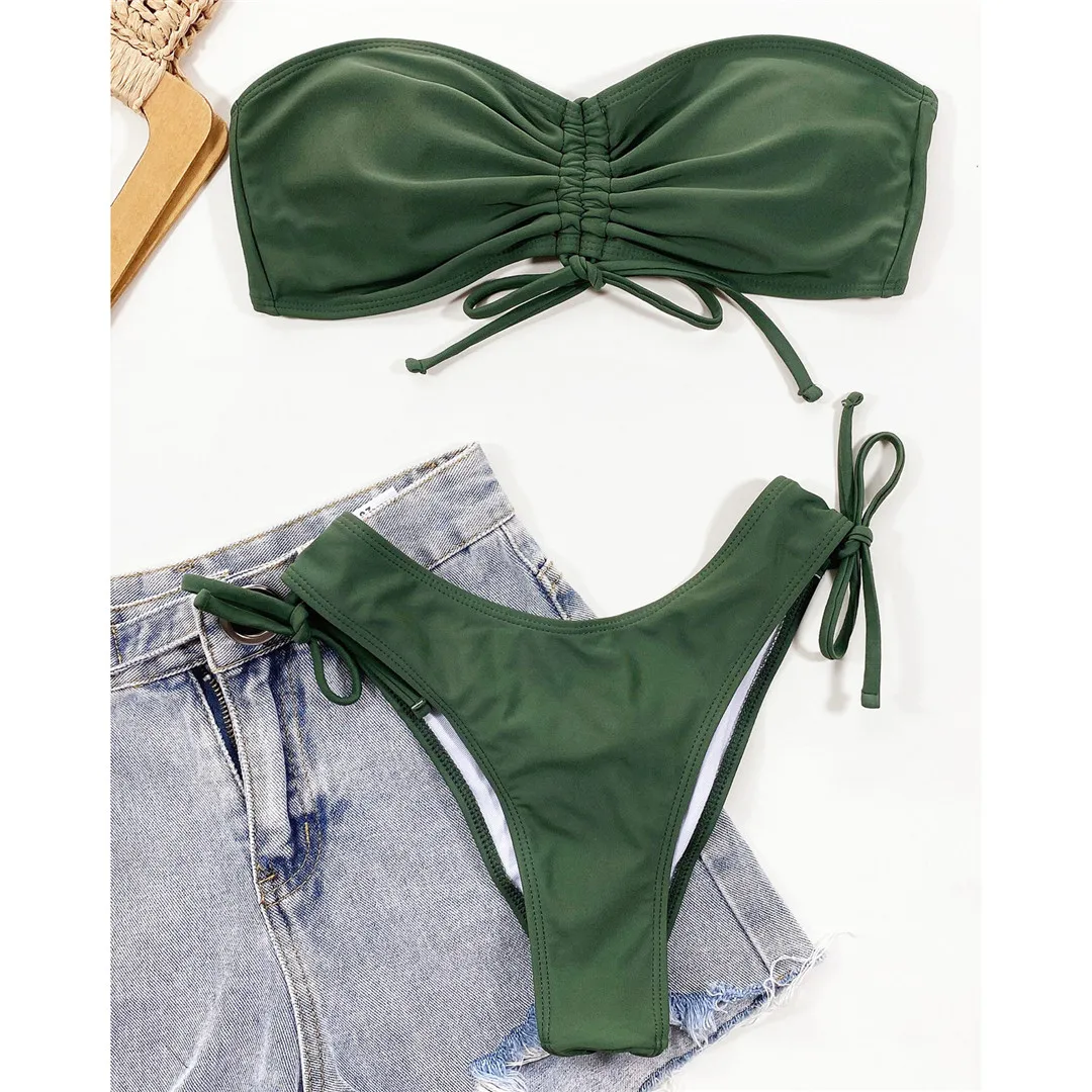 Neuer, verführerischer Bikini mit Schnürung und gerafftem Po, Bandeau-Bikini, Damen-Badeanzug, zweiteiliges Bikini-Set, Badebekleidung, Badeanzug, Modell V3189. – Detail 9