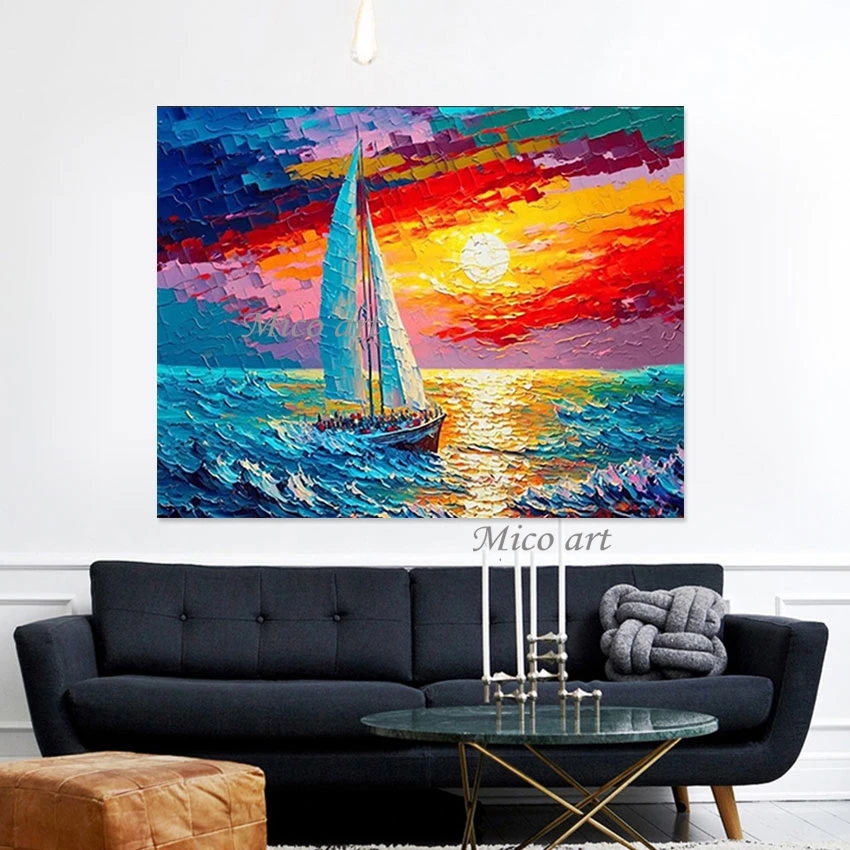 

Sailboat Sunset Landscape Art Canvas Oil Painting Frameless Abstract Seascape Wall Picture Hand Drawing Acrylic Textured Artwork