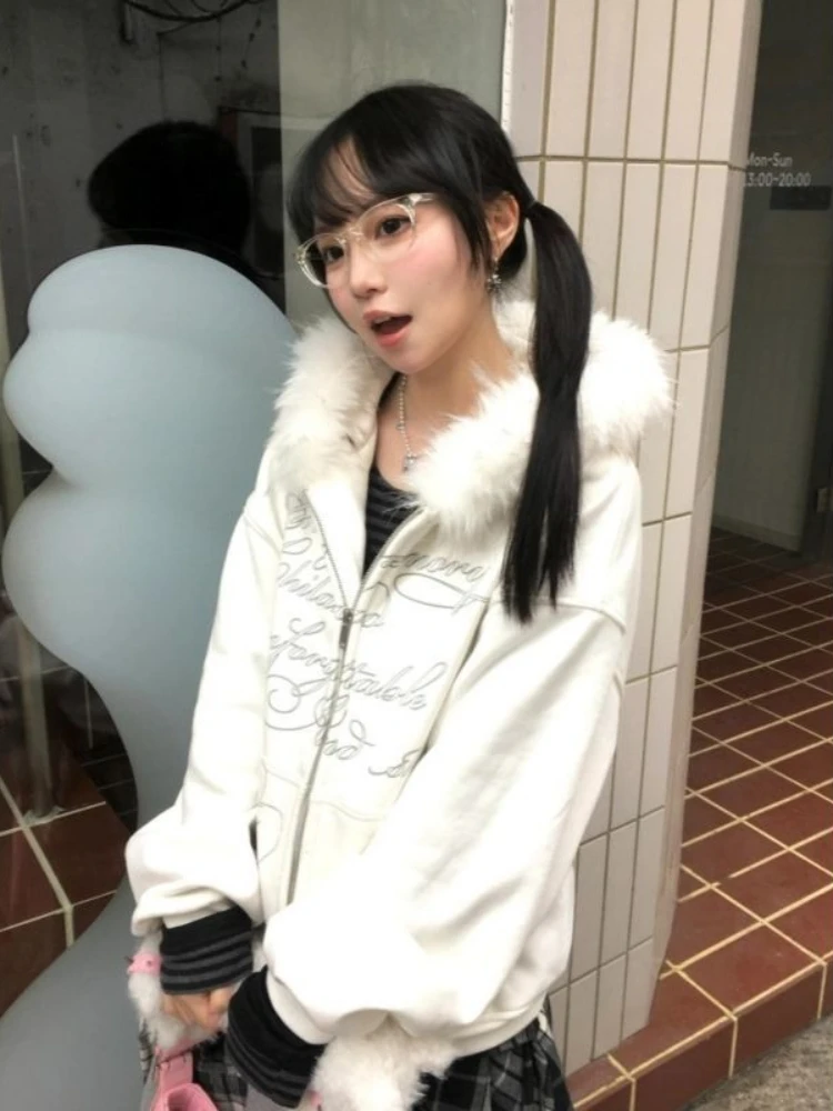 American Y2k Light Fur Collar Subculture Retro Sweatshirt Women's Autumn Winter High-end Hooded Cardigan Loose Gothic Jacket