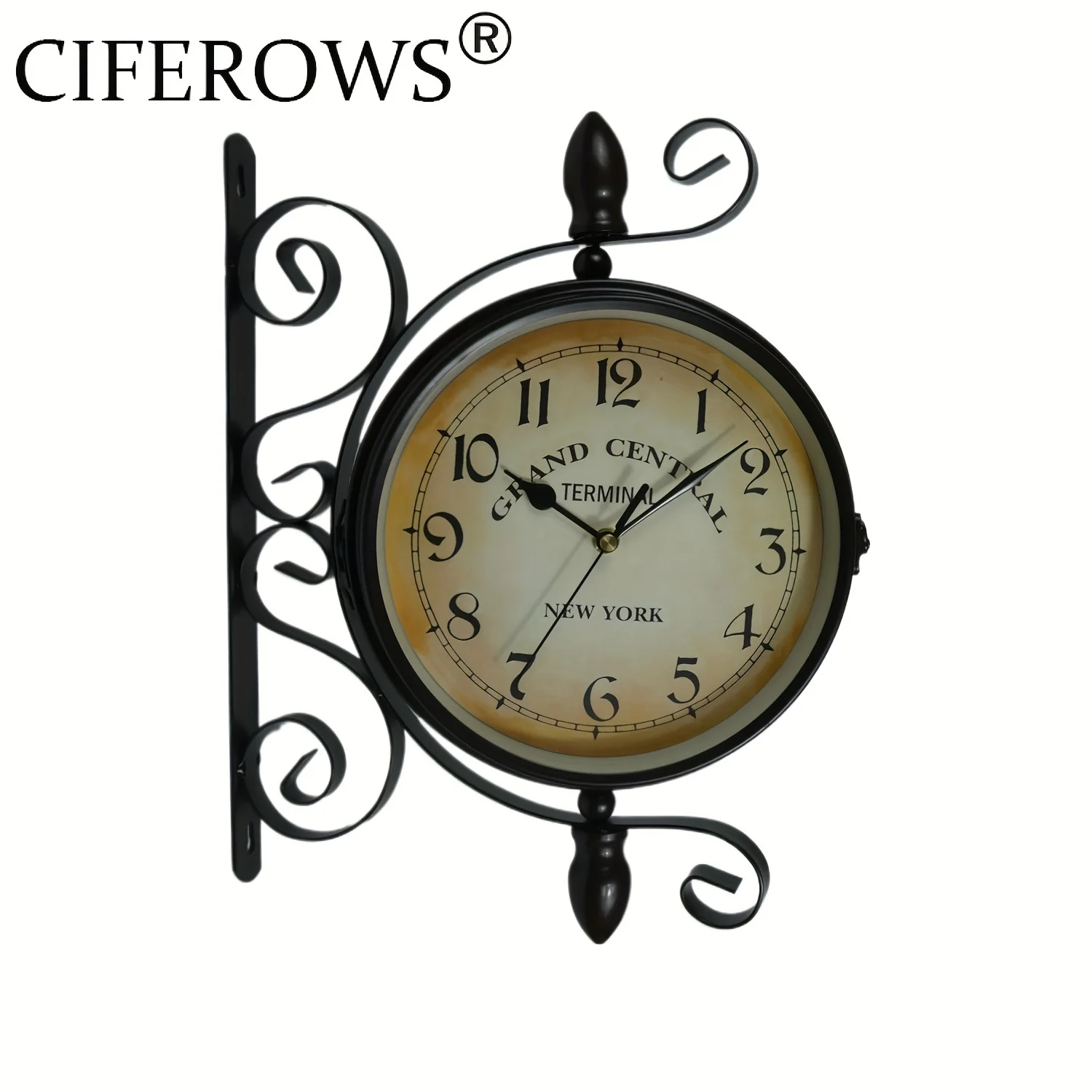 CIFEROWS Wrought Iron Antique-Look Brown Round Wall Hanging Double Sided Two Faces Retro Station Clock Round Chandelier Wall