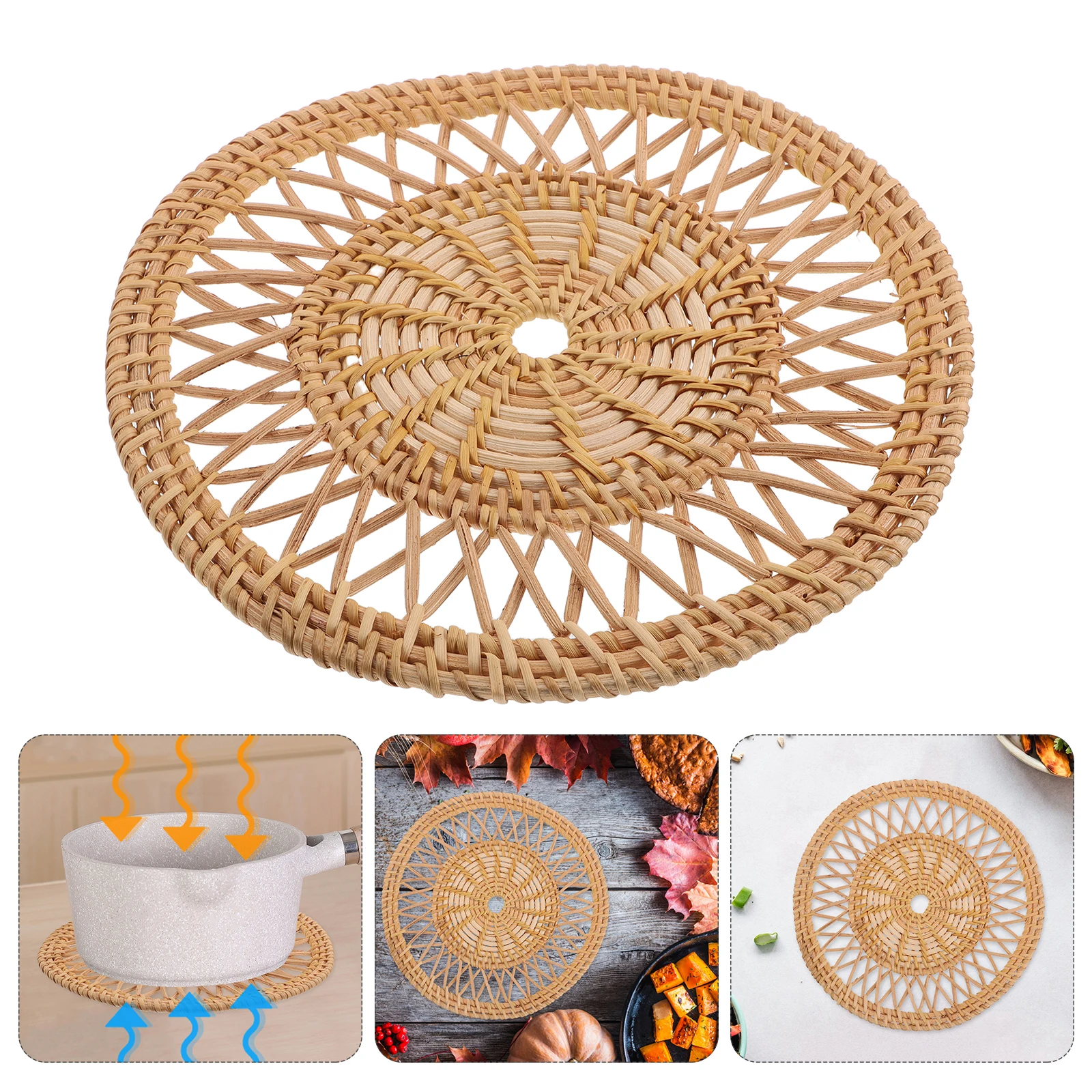 

Rattan Hollow Coaster Set Round Woven Placemat Heat Resistant Dining Table Protector Non-Slip Mug Mat For Coffee Desk