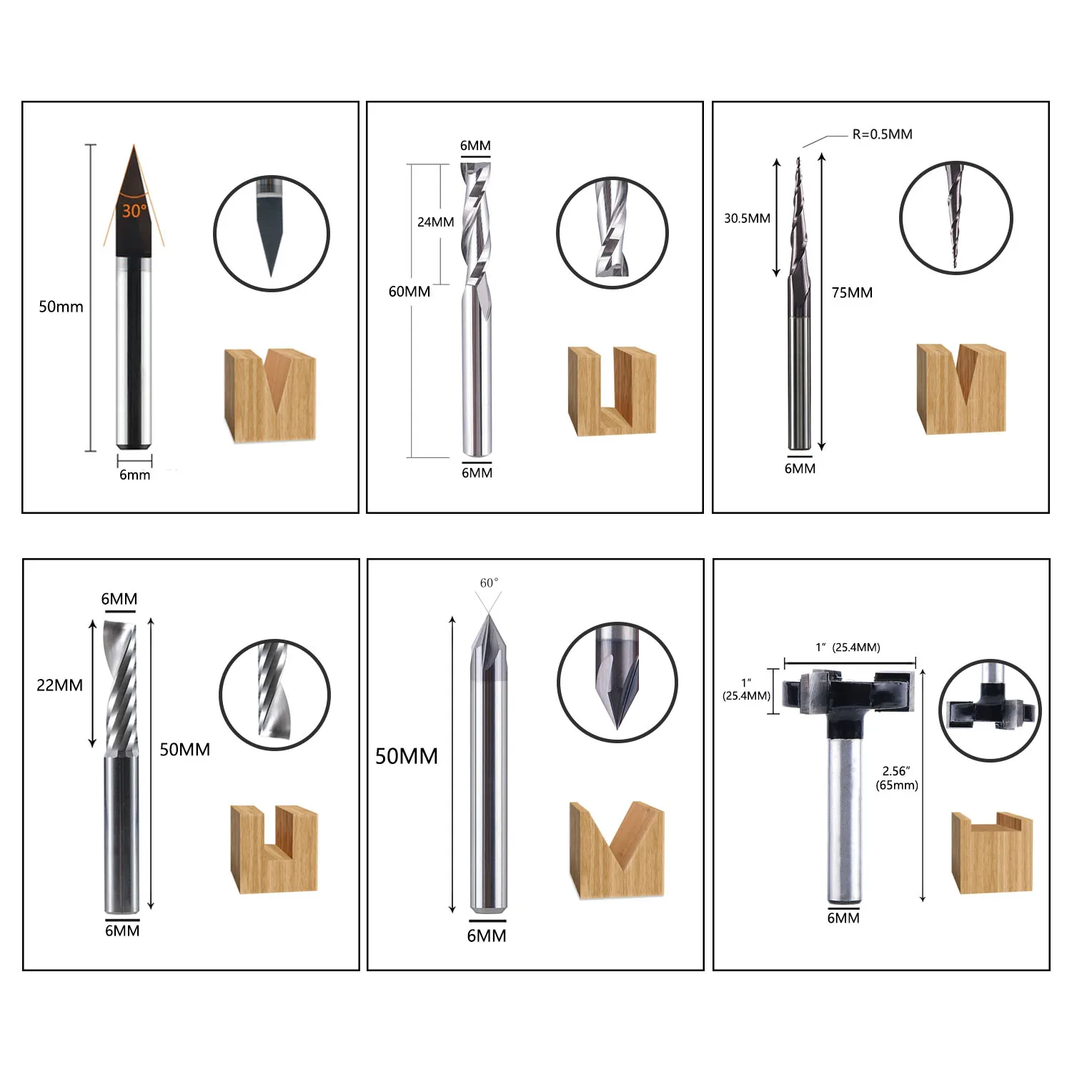 Dreaique-Kit essentiel de mèches de routeur en carbure monobloc, jeu de fraises en bout, mèches de gravure CNC, jeu de travail de calcul de fraise, tige de 6mm, 7 pièces par jeu