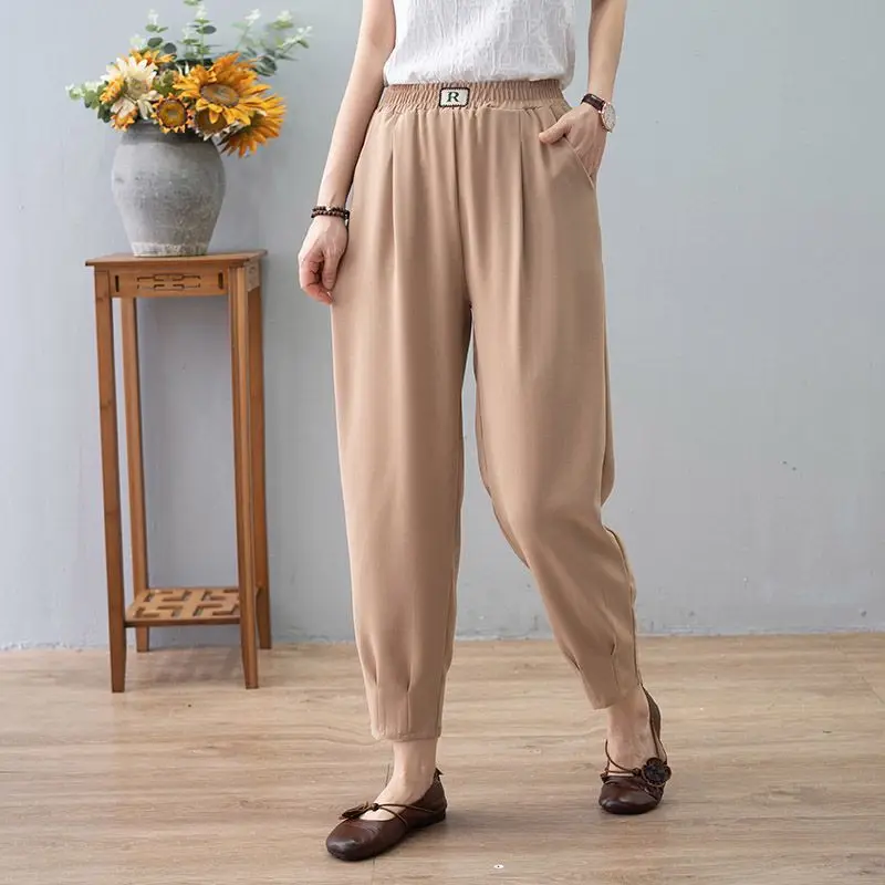 

Women Pants Ice Silk 2022 Summer Thin Trousers Solid Color Girl Elastic High Waist Harem Pants Ladies Loose Casual Streetwear