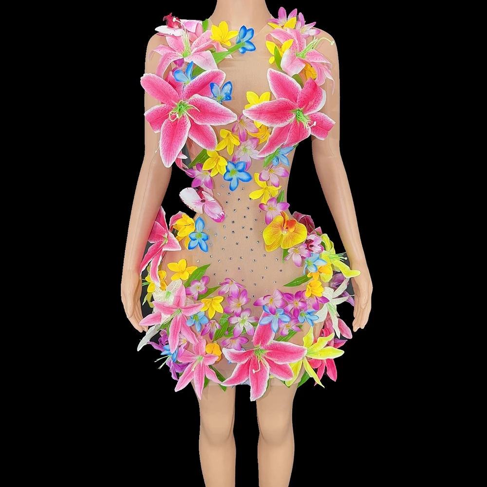 Vestido de flores transparentes de malla desnuda para mujer, traje Sexy para actuación en club nocturno, espectáculo, ropa de escenario, vestido de cumpleaños para mujer, nuevo