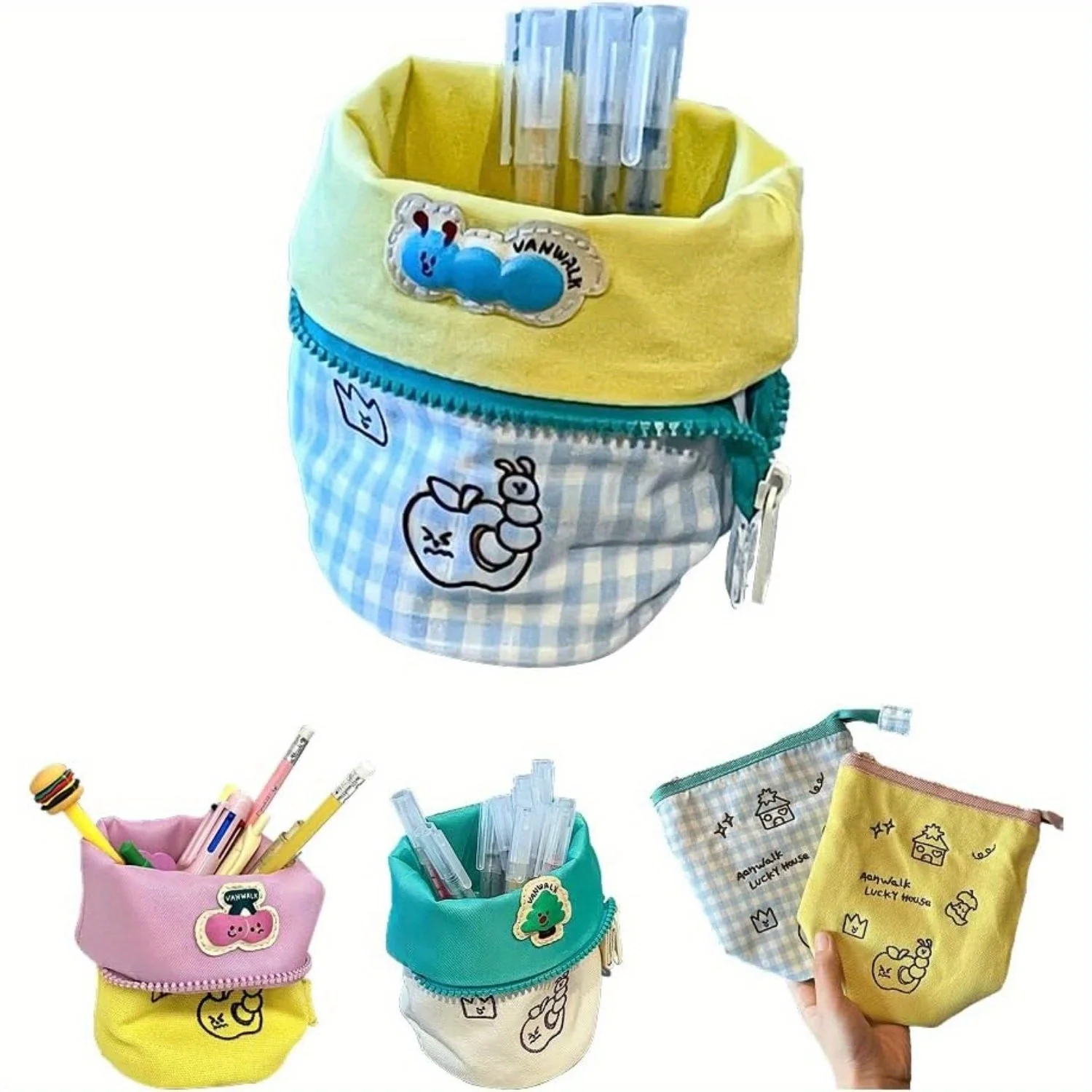 Large Vertical Pencil Case with Flip Cover and Embroidery - Creative Stationery Storage Multifunctional Back To School Supplies