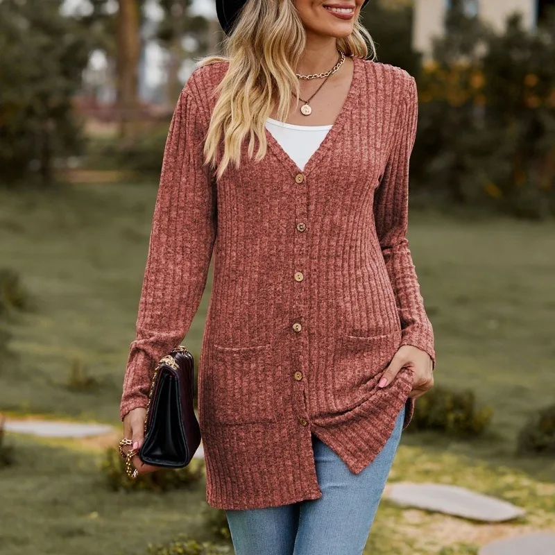 Autumn New Women's Clothing Polished Pit Strips Solid Color Long-sleeved Women's Cardigan Jacket