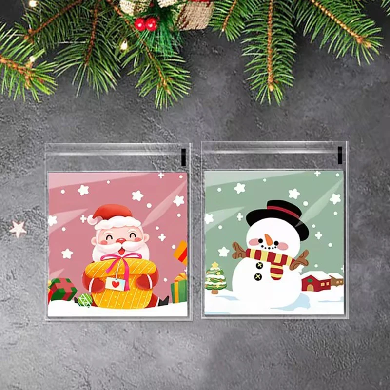 100pcs Christmas Cookie Candy Bags Self Adhesive Gift Packaging Biscuit Snack Bag New Year 2025 Noel Navidad Xmas Party Decor