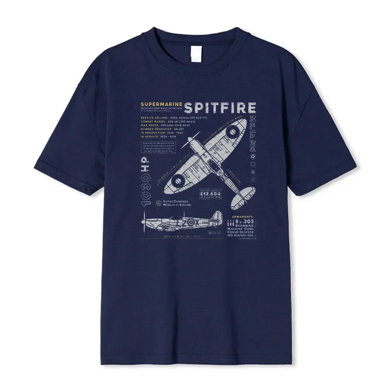 Summer Trendy Fashion Casual T-Shirt 24 Retro Supermarine Spitfire MK 1 Men's 100% Cotton T-Shirt Fighter Pilot Clothing