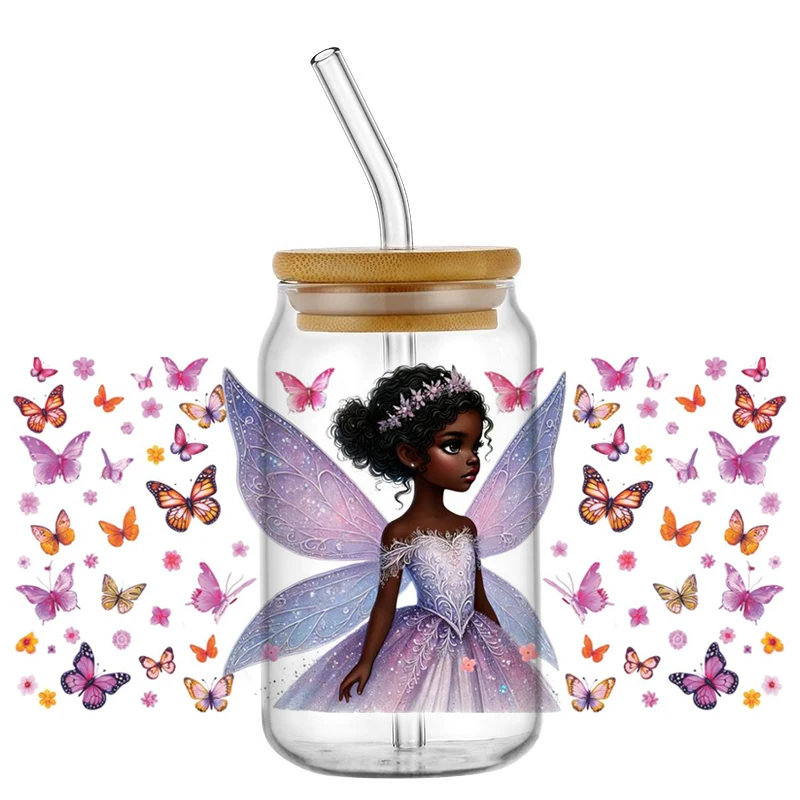 Black Girl Elf Decal Washable UV DTF Cup Wrap for 16oz Libbey Glasses DIY Little Fairy Pattern Mug Transfer Sticker