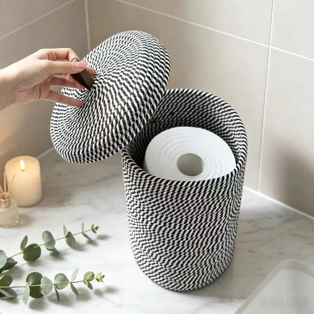 Bohemian Style Toilet Paper Rolls Storage Basket with Lid Dustproof Cotton Rope Woven Basket Self-Supporting Cylinder