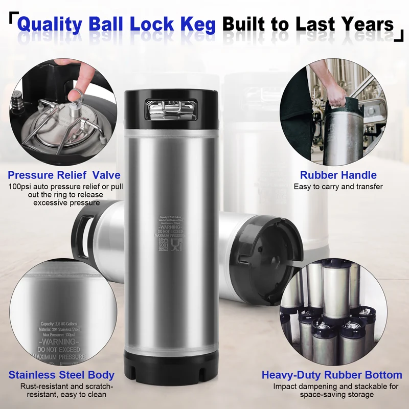 NEW 5 Gal Ball Lock Keg Corny Tank 304 Stainless Steel Coke Syrup Milk Soda Barrel Rubber Handle Bucket Cornelius Style