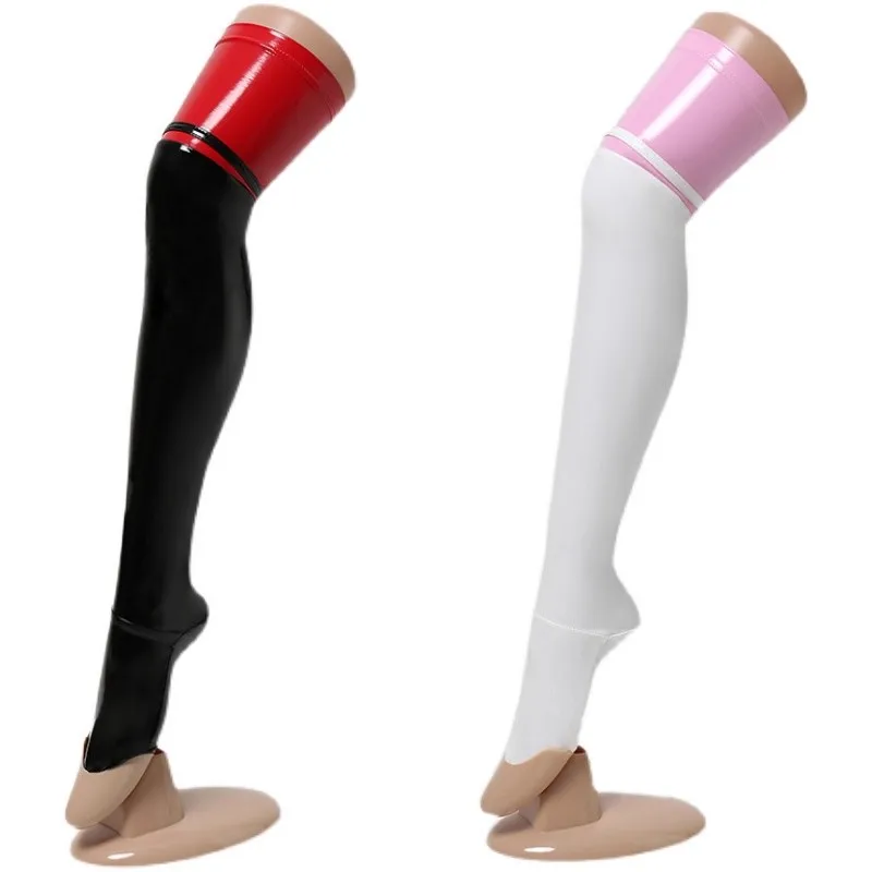 

Lolita JK Girls Patchwork Stockings Smooth Faux Leather Oil Shiny Knee High Stockings Party Dance Cosplay Over Knee Hosiery