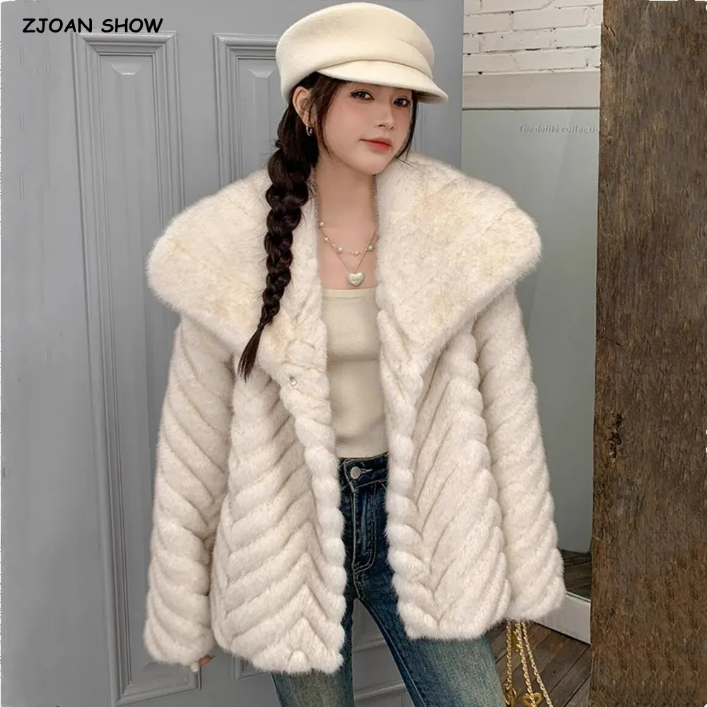 Winter Creamy-white Embossing Wave Strip Pattern Faux Mink Fur Coat CHIC Women Large Lapel Full Sleeve Loose Outerwear