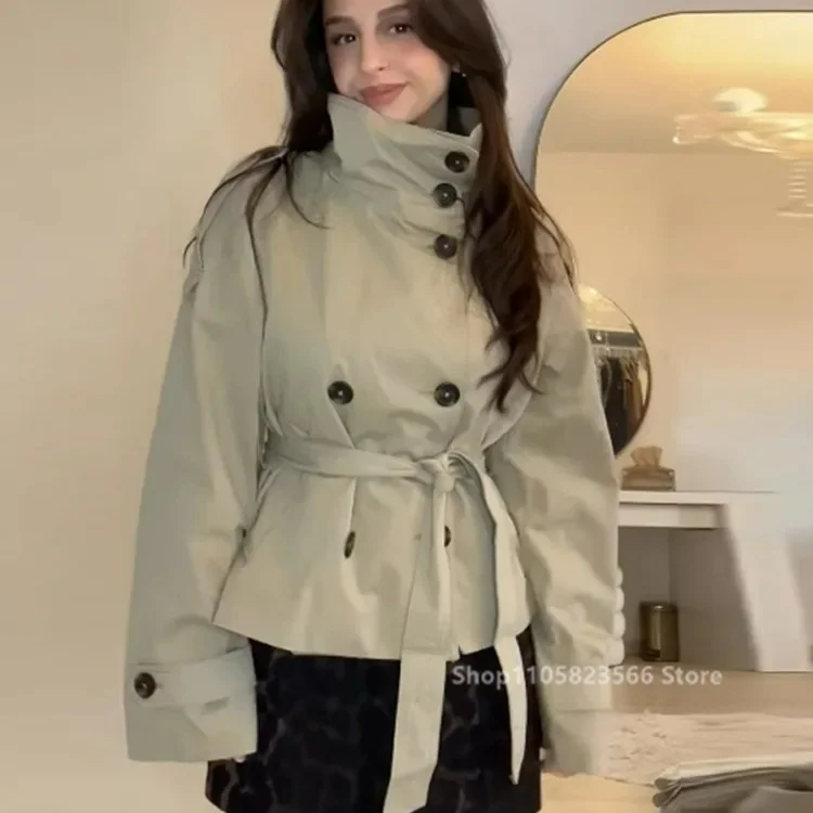 Women Trench Coat Stand Neck Double Breasted Long Sleeve Belted Wrap Coat Vintage Chic Outerwear Autumn Winter пальто женское
