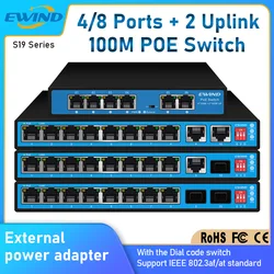 Ewinner-Ethernet switch 4/8 poe, 10/100Mbps, Ethernet switch com 2 portas uplink, adaptador de alimentação externa, 3 anos de garantia