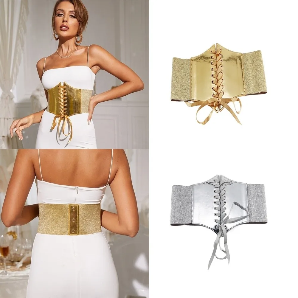 

Versatile Retro Waist Belt PU Leather Lace Up Wide Belt Elastic Design Gold Silver Corset Belt for Women