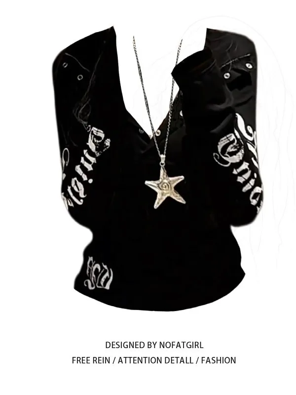 

Худи оверсайз в американском ретро-стиле с буквенным принтом, V-образным вырезом и длинными рукавами, женская модная кофта для ранней осени