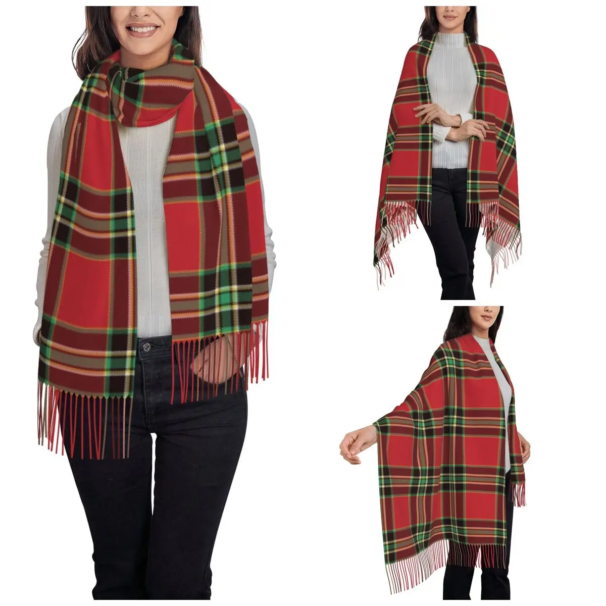 Tartan Plaid Scarf for Women Winter Fall Pashmina Shawls and Wrap Nordic Merry Christmas Natale Navidad Long Scarves with Tassel