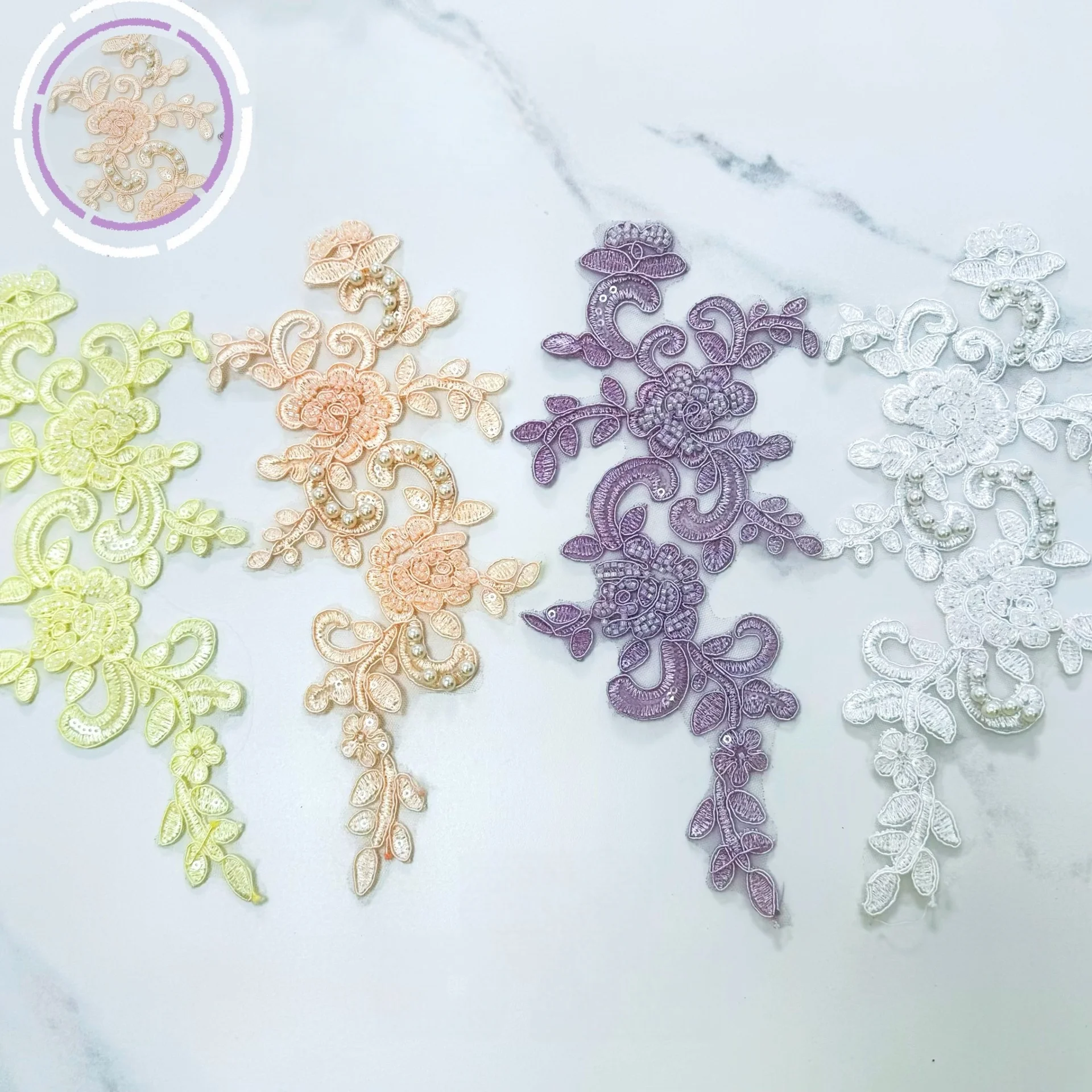 Tulle Embroidery Lace Trim Bead Pearl Trims Pattern-Matched Heavy Hand-Beading Heat Floral Appliqued Material