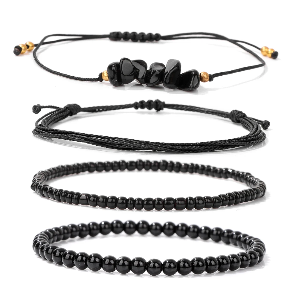 Natural Aquamarines Stone Beads Rope Bracelet Handmade 4pcs/set Multi-Layer Cord String Surfer Bracelets For Women Men Jewelry