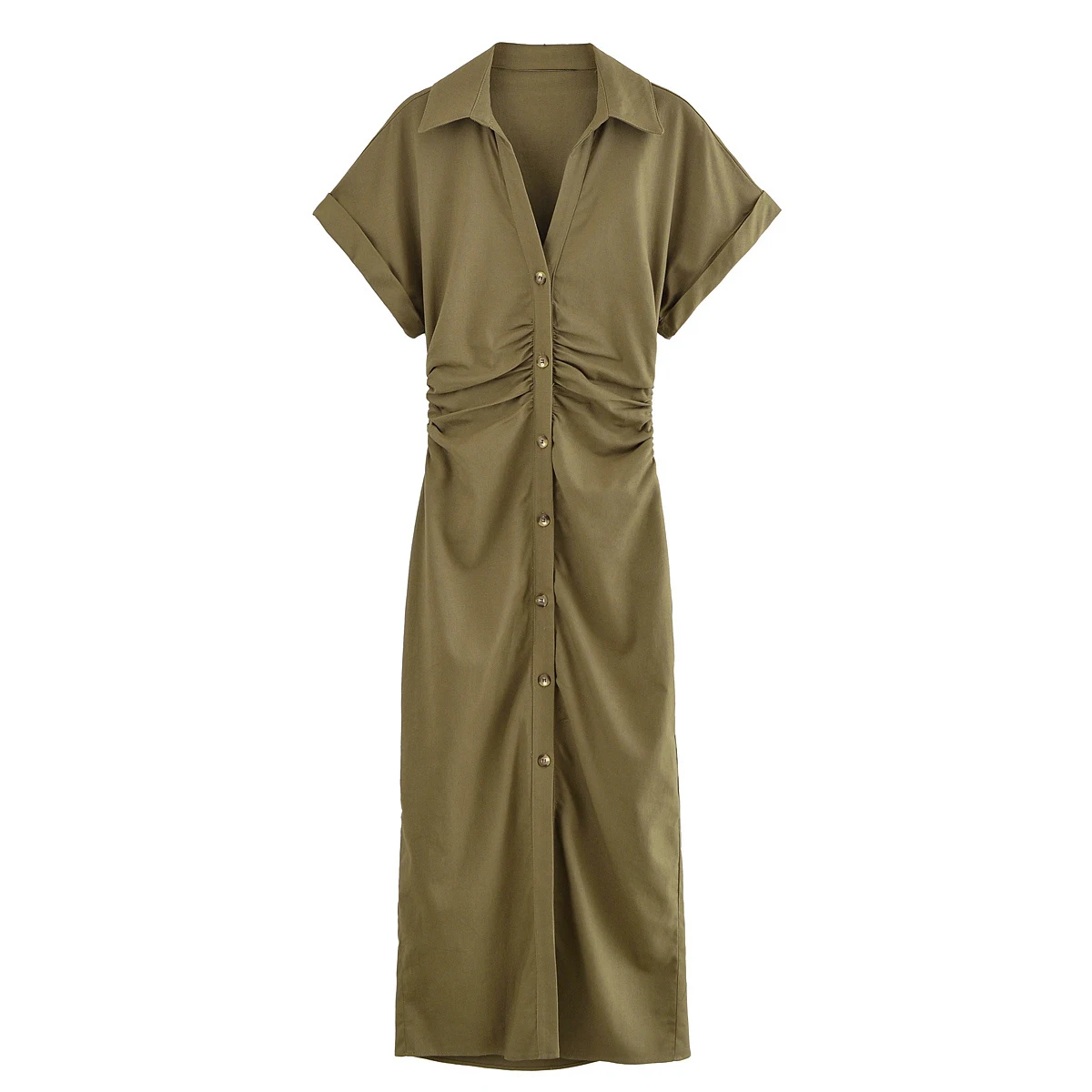 

Linen Shirt Dress Women 2025 New Summer Short Sleeve Turn Down Collar Single Breasted Pleated Long Dresses Evening Midi Dress