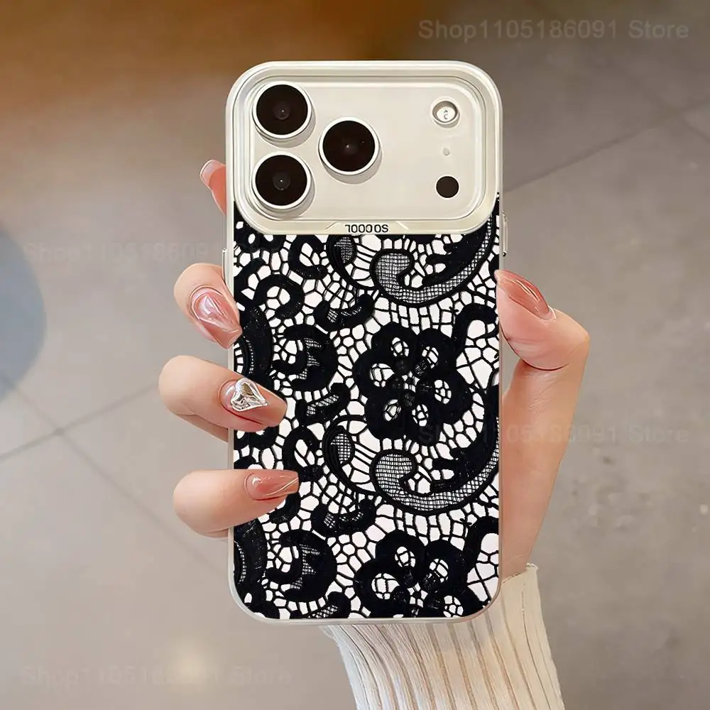 Coque de téléphone imprimée en dentelle noire, pour iPhone 17,16,13,12,X,11,15,14,Pro,Max,Plus,SE4,Air,Mini blanc IMD HD mat